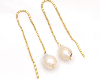 925 Silver Freshwater Pearl Threader Earrings Baroque Pearl Gold Threaders Hypoallergenic Drop Earrings Bridesmaid Gift Wedding Earrings