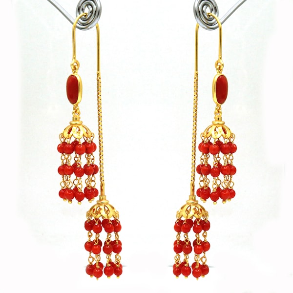 Coral 18Kt Gold Plated Threader double Jhumka Earring, Gold Chain with Tiny 2 Jhumki Earrings