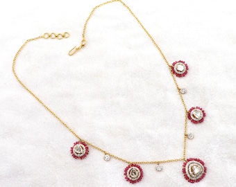 18Kt Gold Necklace Natural Ruby With Polki Diamond Gold Necklace Unique Gold Necklace Woman Gold Necklace Jewelry