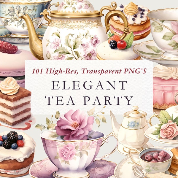 Elegant Tea Party Clipart Pack, Teapot Clipart Set, Cake Clipart, Watercolour Tea Party, Teacup, Commercial Use Clip Art, Transparent PNG