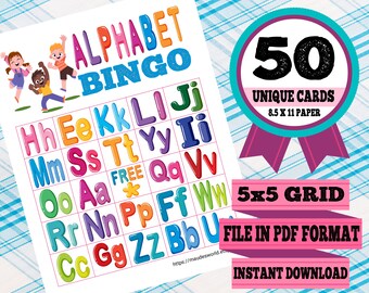 Big and Small Letters Alphabet Printable Bingo Cards (50 Different Cards) - Instant Download