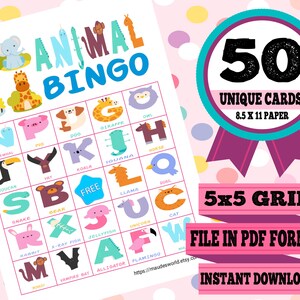 Animal Alphabet Printable Bingo Cards (50 Different Cards) - Instant Download