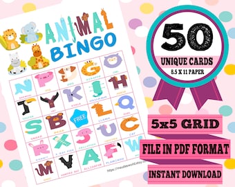 Animal Alphabet Printable Bingo Cards (50 Different Cards) - Instant Download