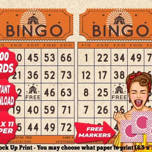 1200 Cartones de Bingo Color Naranja Tema Vintage PDF Fiesta Divertida Imprimible Instantánea 1 a 75 Bolas Juego Clásico BC036