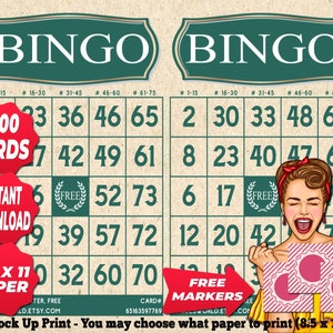 1200 cartelle Bingo colore verde tema vintage PDF stampabile istantaneamente divertente festa da 1 a 75 palline gioco classico