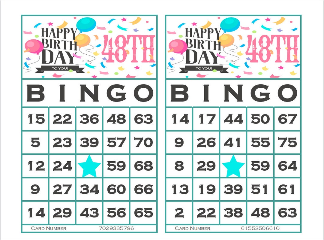 1200 Printable Bingo Cards, 2 per Page, Large, 48th Birthday Special ...