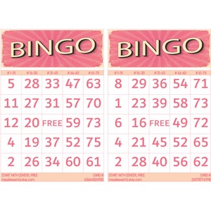 Retro Style Pink Bingo Card 1200 Unique Cards No Repeats Printable PDF Digital Download 2 Cards per Page Perfect for Parties Event Birthdays