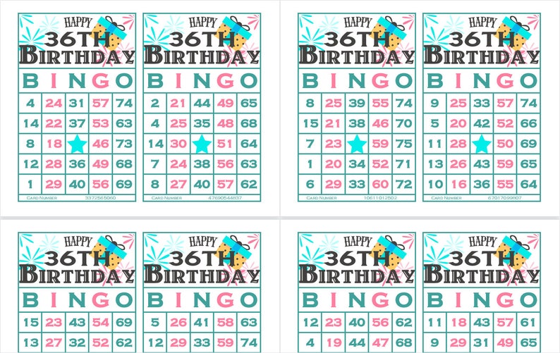 Bingo Ranges 1200 Printable Bingo Cards, 2 per Page, Large, 36th Birthday Special ...