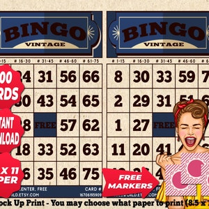 1200 cartelle Bingo colore blu scuro tema vintage PDF stampabile istantaneamente divertente festa da 1 a 75 palline gioco classico