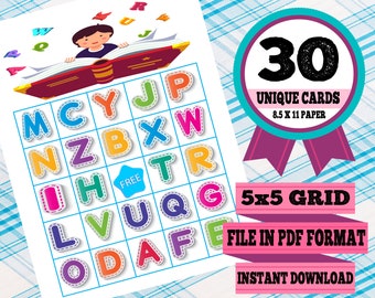 Alphabet Printable Bingo Cards (30 Different Cards) - Instant Download