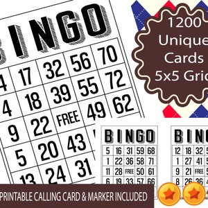 1200 cartones de bingo imprimibles, 1 por página, suministros para recuerdos de fiesta para todas las ocasiones, descarga instantánea del juego de bingo clásico de 1 a 75 bolas