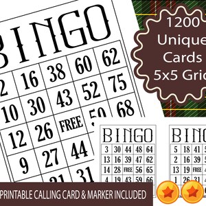 1200 kart bingo do wydrukowania, 1 na stronę, artykuły na przyjęcia na każdą okazję, 1-75 Ball Classic Bingo Game Instant Download