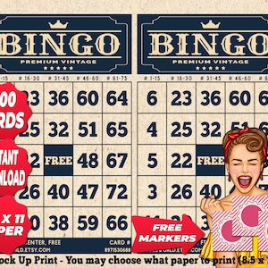 1200 Cartones de Bingo Color Azul Tema Vintage PDF Fiesta Divertida Imprimible Instantánea 1 a 75 Bolas Juego Clásico BC021