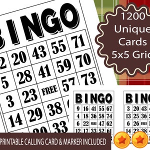 1200 cartones de bingo imprimibles, 1 por página, suministros para recuerdos de fiesta para todas las ocasiones, descarga instantánea del juego de bingo clásico de 1 a 75 bolas