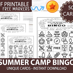 50 cartes de bingo imprimables sur le thème du camping, format PDF, téléchargement instantané, facile à imprimer, parfait pour les activités scolaires, 1 carte par page.