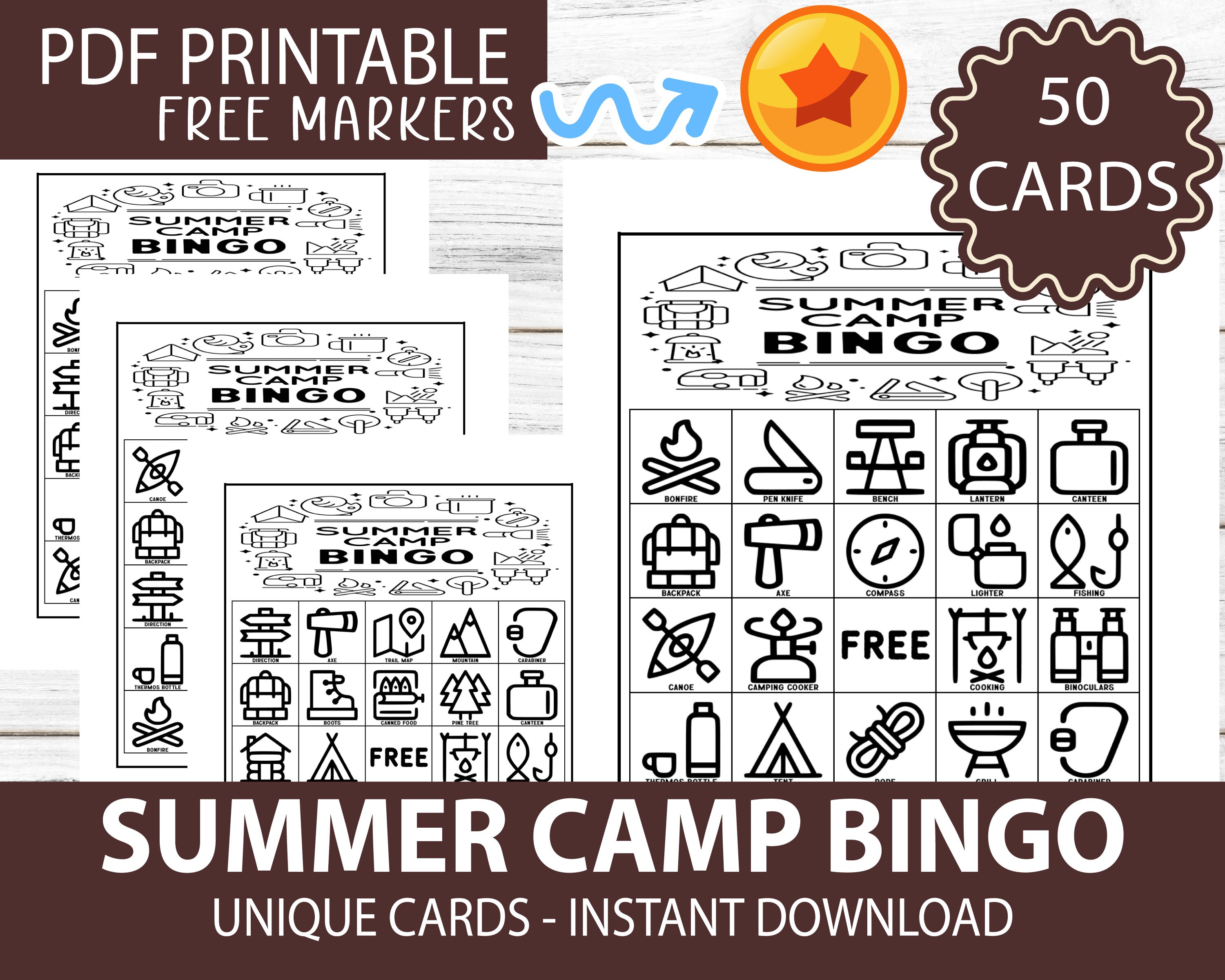 50 Printable Bingo Cards Camping Theme, PDF Format Instant Download Easy To Print Perfect for School Activity, 1 Card per Page
