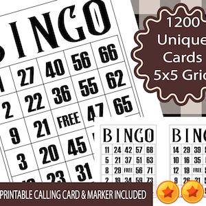 1200 Printable Bingo Cards, 1 per page, Party Favors Supplies For All Occasions, 1-75 Ball Classic Bingo Game Instant Download
