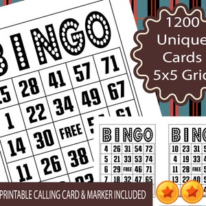 1200 Printable Bingo Cards, 1 per page, Party Favors Supplies For All Occasions, 1-75 Ball Classic Bingo Game Instant Download