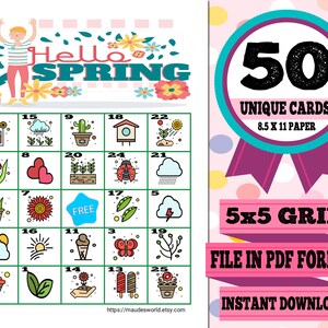Hello Spring, Springtime Printable Bingo Cards (50 Different Cards) - Instant Download