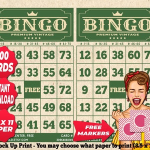 1200 cartelle Bingo colore verde tema vintage PDF stampabile istantaneamente divertente festa da 1 a 75 palline gioco classico BC024
