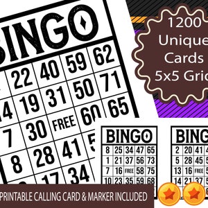 1200 cartones de bingo imprimibles, 1 por página, suministros para recuerdos de fiesta para todas las ocasiones, descarga instantánea del juego de bingo clásico de 1 a 75 bolas
