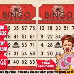 1200 cartelle Bingo colore rosso tema vintage PDF stampabile istantaneamente divertente festa da 1 a 75 palline gioco classico BC033