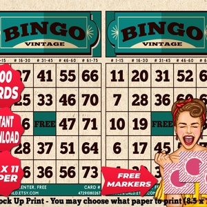 1200 cartelle Bingo colore verde acqua tema vintage PDF stampabile istantaneamente divertente festa da 1 a 75 palline gioco classico