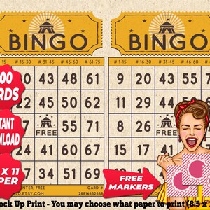 1200 cartelle Bingo colore giallo tema vintage PDF stampabile istantaneamente divertente festa da 1 a 75 palline gioco classico BC034