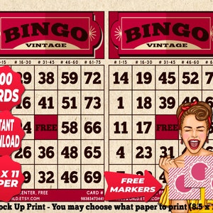 1200 cartelle Bingo colore rosso fragola tema vintage PDF stampabile istantaneamente divertente festa da 1 a 75 palline gioco classico