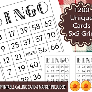 1200 Printable Bingo Cards, 1 per page, Party Favors Supplies For All Occasions, 1-75 Ball Classic Bingo Game Instant Download