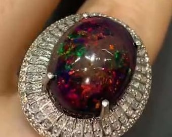 Natural Black Opal Ring, Pave Diamond Cocktail Ring, 925 Sterling Silver, Designer Natural Gemstone Ring, Birthday Gift For Her, Unique Ring