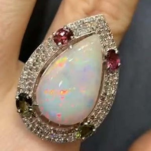 Natural Ethiopian White Opal & Tourmaline Ring, Pave Diamond Women Ring, 925 Sterling Silver, Partywear Statement Jewelry, Gift For her
