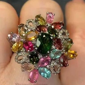 Beautiful Natural Multi Tourmaline Cocktail Ring, Pave Diamond Wedding Anniversary Ring, 925 Sterling Silver, Handmade Partywear Ring