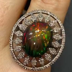 Ethiopian Fire Opal Ring, Pave Diamond Cocktail Ring, 925 Sterling Silver, Natural Gemstone, Partywear Statement Jewelry, Gift For her