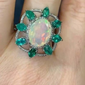 Natural Ethiopian Opal & Emerald  Ring, Handcrafted Pave Diamond Engagement Ring, 925 Silver Wedding Anniversary Ring, Birthday Gifts