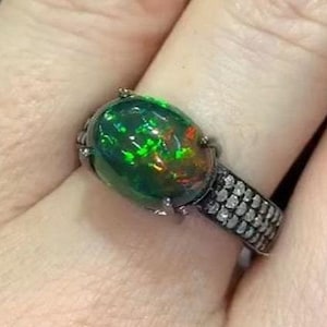 Natural Black Fire Opal Gemstone Ring, Pave Diamond Handmade Ring, 925 Sterling Silver, Perfect Gift for Her,  Wedding Anniversary Ring