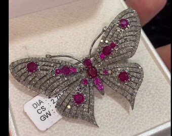 Exquisite Natural Ruby Gemstone Brooch: Handcrafted Pave Diamond Accent in 925 Sterling Silver - Fine Jewelry, Perfect Valentine's Day Gift