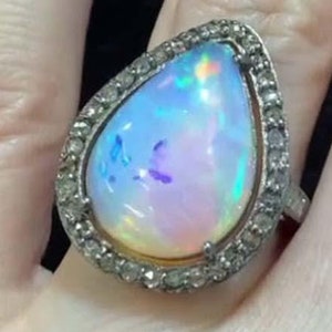 Natural Ethiopian Opal Engagement Ring, Pave Diamond Bridal Ring, 925 Sterling Silver, Women Fashion Jewelry, Anniversary Gift For Her