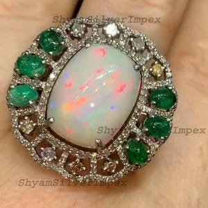 Natural Ethiopian Fire Opal & Emerald Ring, Handcrafted Pave Diamond Engagement Ring, 925 Sterling Silver Ring, Birthday Gift For Her