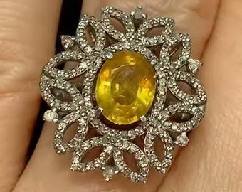 Art Deco Yellow Sapphire Ring, Pave Diamond, Sterling Silver