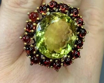 Art Deco Citrine Garnet Ring, 925 Sterling Silver Handmade Anniversary Gift