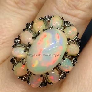 Natural Ethiopian Opal Cocktail Ring, Women Diamond Ring, 925 Sterling Silver, Partywear Women Gemstone Jewelry, Anniversary Gift For her