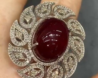 Anello floreale in rubino naturale, argento sterling 925, pavé di diamanti Art Déco