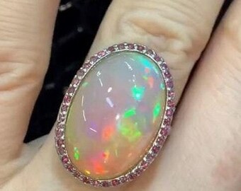 Art Deco Opal Ring, Pink Tourmaline, 925 Sterling Silver