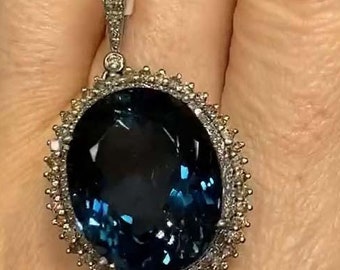 Natural London Topaz Pendant With Pave Diamonds 925 Sterling Silver Wedding Anniversary Gift Her