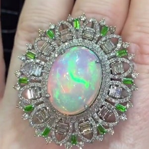 Ethiopian Opal & Tsavorite Gemstone Cocktail Ring in 925 Sterling Silver, Embellished with Pavé Diamonds - A Luxurious Gift for Her Birthday