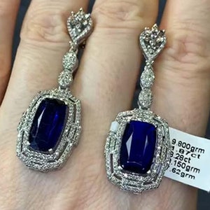 Pendiente colgante de cianita natural, pendiente de boda con diamantes pavé de plata de ley 925, regalo de aniversario perfecto, joyería fina hecha a mano