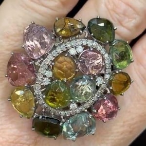 Natural Multi Tourmaline Cocktail Ring, Pave Diamond Wedding Anniversary Ring with, 925 Sterling Silver, Handmade Party Wear Ring, Gifts