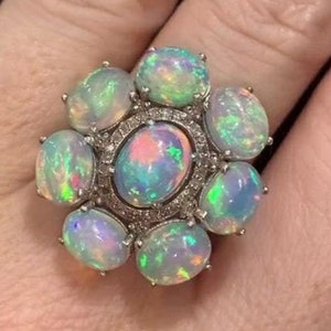 Natural Ethiopian Opal Gemstone Cocktail Ring, Pave Diamond Fine Ring Jewelry, 925 Sterling Silver Handmade Ring, Birthday Gift For Women