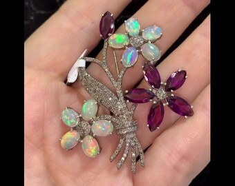 Exquisite Natural Rhodolite & Opal Gemstone Brooch: Handcrafted 925 Sterling Silver with Pave Diamonds - Perfect Valentine's Day Gift